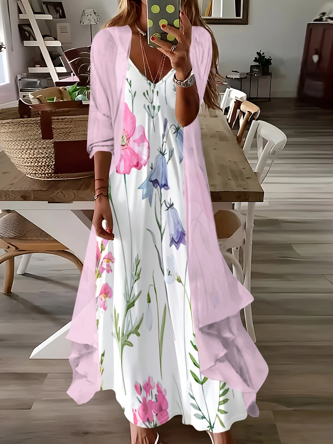 Elegant floral print V-neck set with light pink kimono sleeves, 100% polyester, perfect for spring/autumn vacations – machine washable