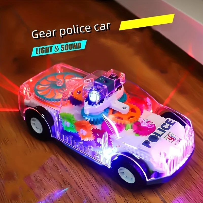 Toy police car with transparent parts, light and music, electric toy