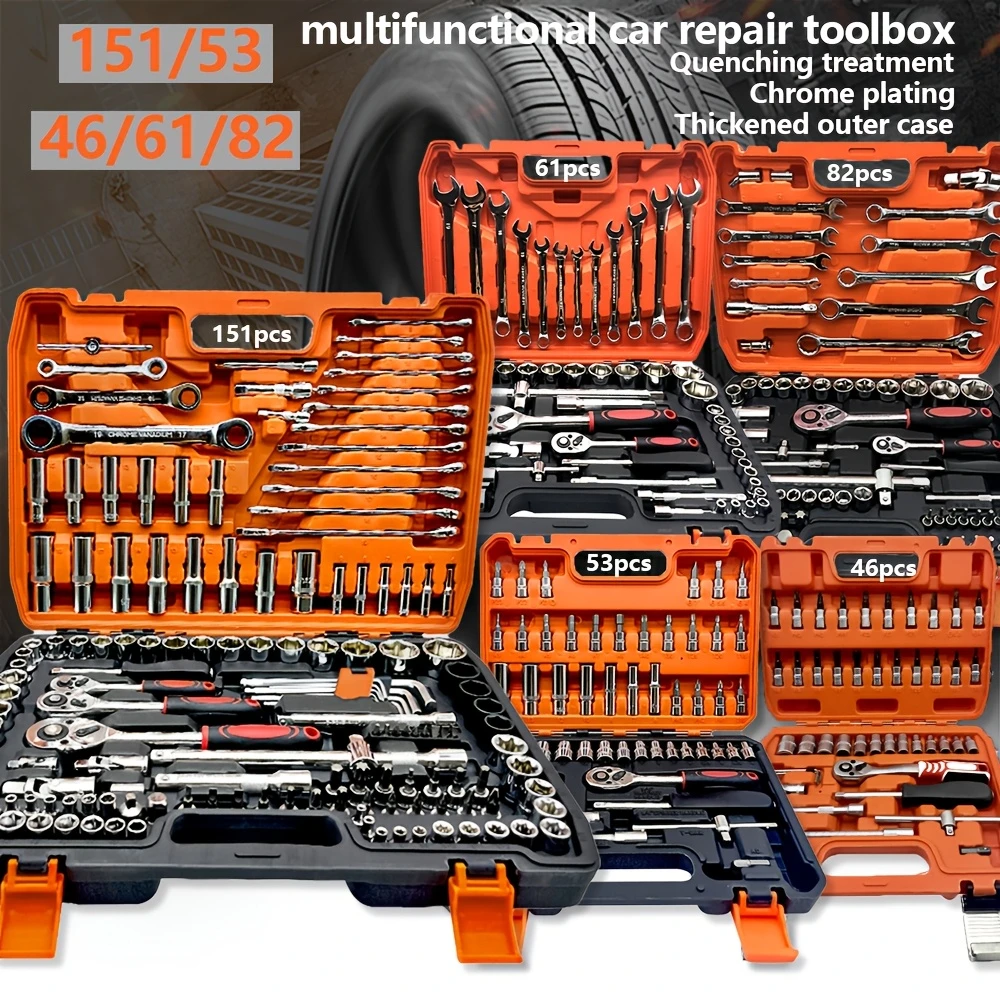 YITUO Professional good quality car repair tools -46/53/61/82/151pcs, we only sell good quality, orange, motorcycle bicycle machine repair, fast ratchet wrench and toolbox, home multi-function tool set
