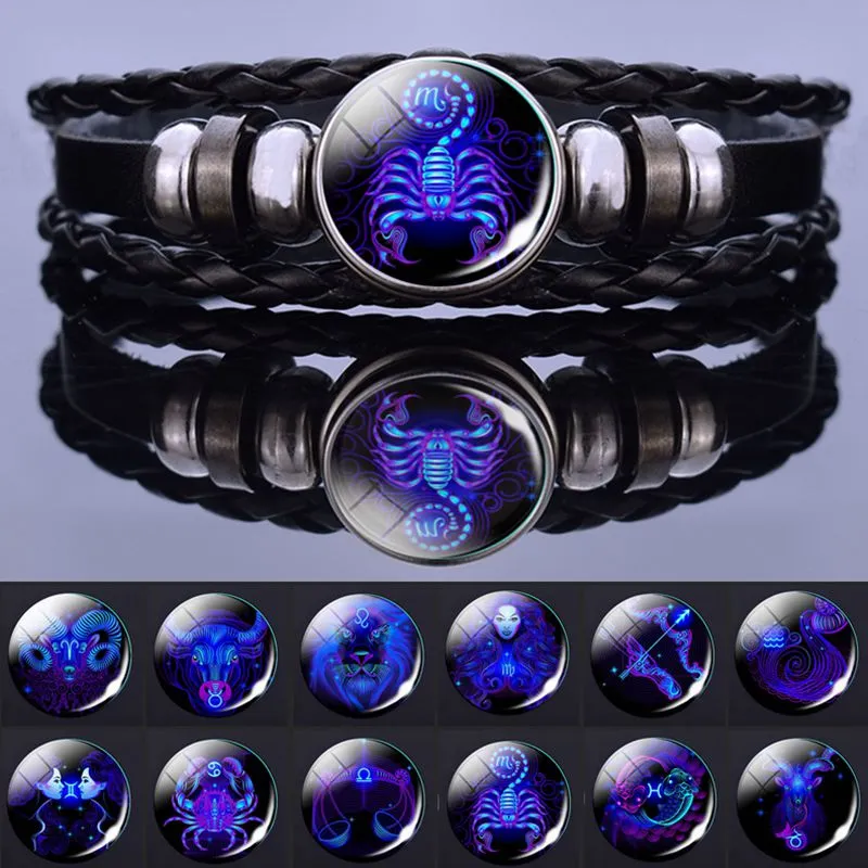 12 Zodiac Signs Constellation Charm Bracelet Men Women, Fashion Multilayer Weave PU Leather Bracelet Bangle Birthday Gifts