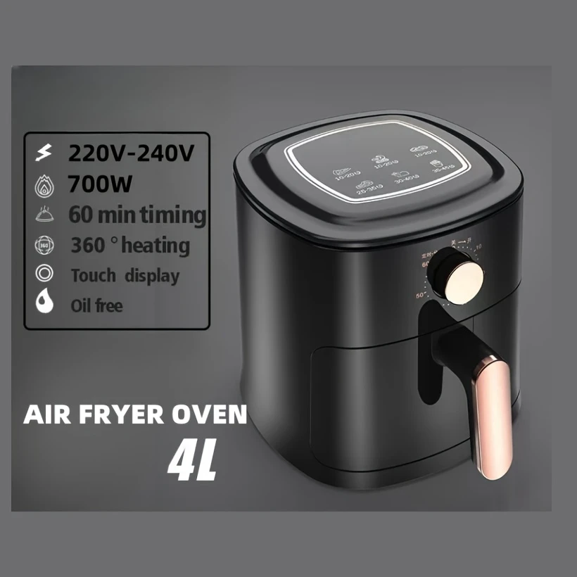 4L Large air fryer, fully automatic, 360° heating, 700W, 60-minute timer, touch display, oil-free, PC material, European plug, 220-240V power supply, no adapter needed