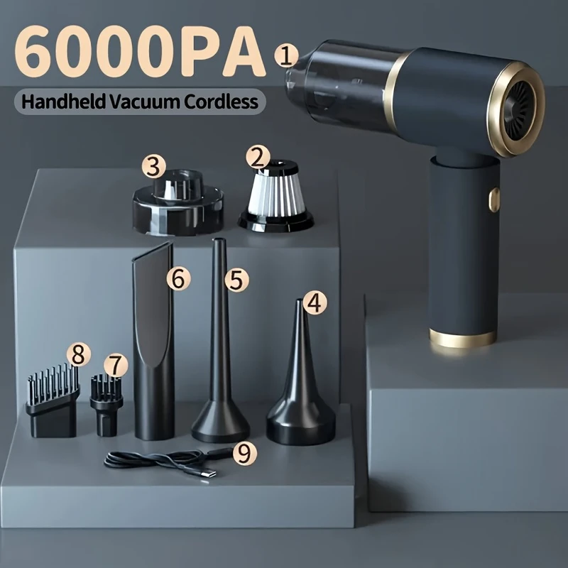 A Car Vacuum Cleaner Gift Set Includes a 6000PA Vacuum Cleaner And 7 Accessories. This Powerful Cordless Vacuum Is Suitable for Both Car And Home Use, Featuring Strong Suction And Protective Functions to Prevent Motor Blockage And Overcharging.