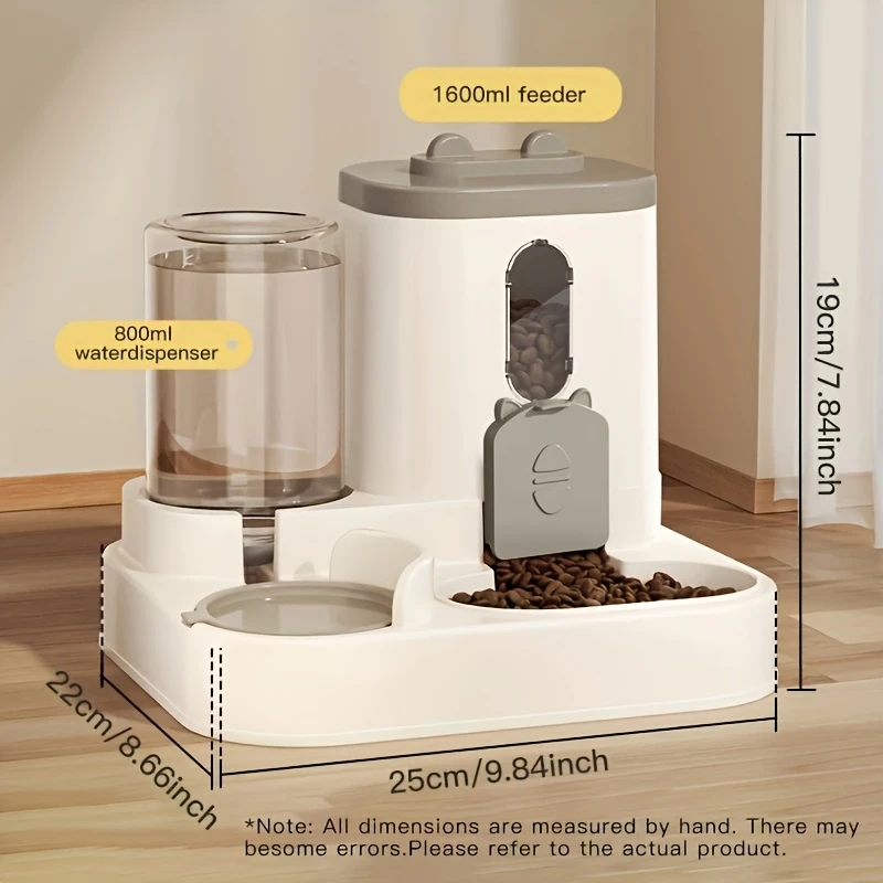 2-in-1 Automatic Cat Feeder and Water Dispenser, Dual Bowls with Gravity Water Bottle, Neck-Free Design, White, Cat Food and Water Dispenser