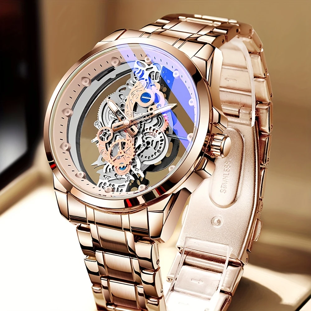 TPW Men’s Quartz Watch with Skeleton and Glow – Luxury Wristwatch with Visible Mechanism, Comfortable Metal Bracelet, Father’s Day Gift for Him, Luxury Men’s Watch | Romantic Watch Design | Rose Gold Plating