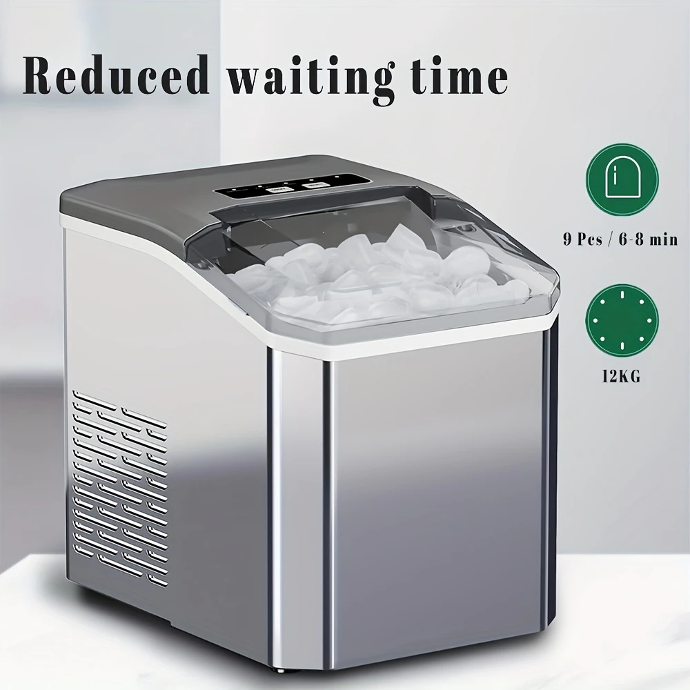 Gold Lid Desktop Ice Maker, Pebble Ice Maker, Produces 15.88kg Soft Ice in 24 Hours, Self-Cleaning Ultrasonic Ice Maker, with Spoon and Basket, Suitable for Home/Kitchen/Office (Stainless Steel)