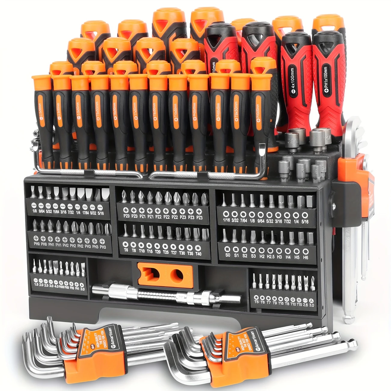 Amartisan 146-Piece Magnetic Screwdriver Tool Set with Plastic Rack – Insulated and Precision Screwdrivers, Magnetizer, Hex Wrenches, Torx Wrenches, Bit Head Set – Chrome Vanadium Steel, Red/Black/Orange, Uncharged
