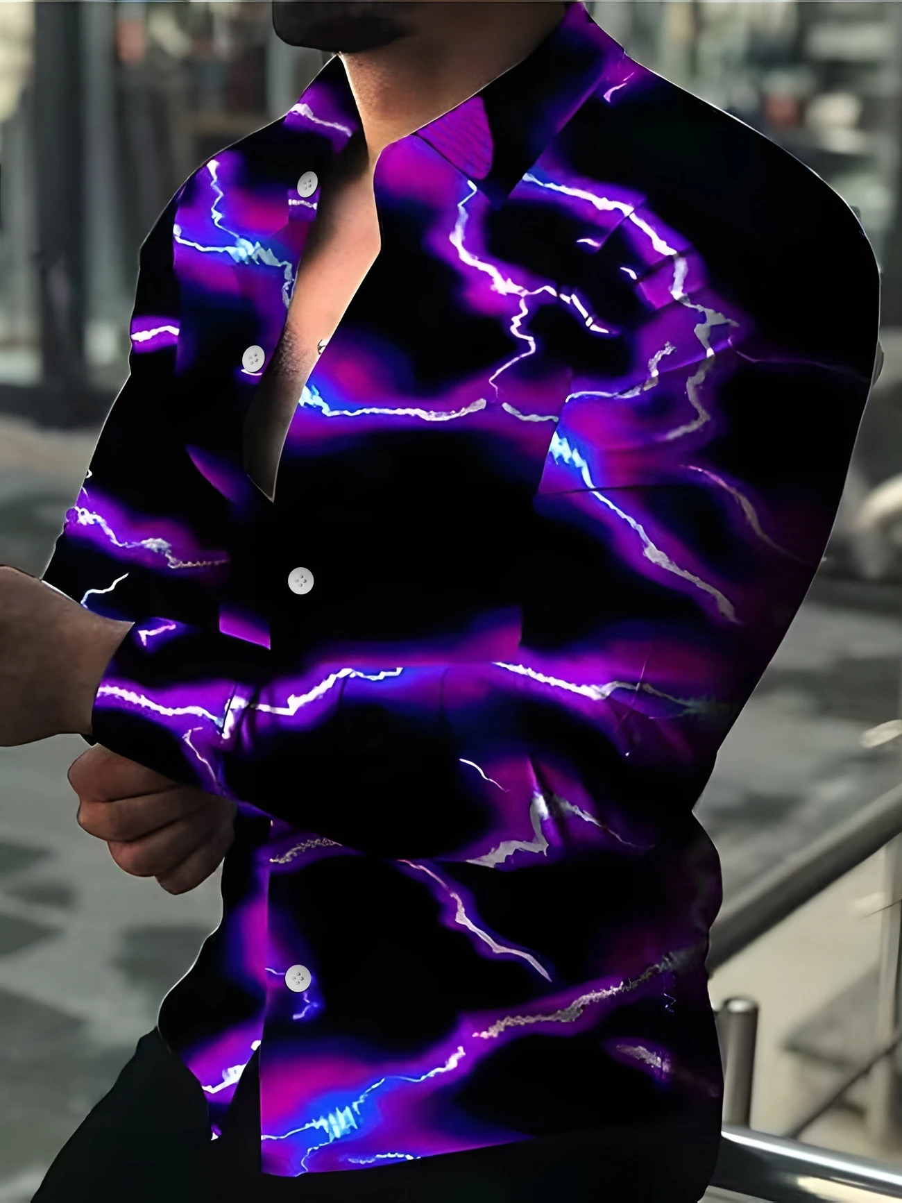 Fashion Men’s Long Sleeve Shirt with 3D Purple Zipper Print, Men’s Spring-Autumn Clothing, Men’s Outerwear