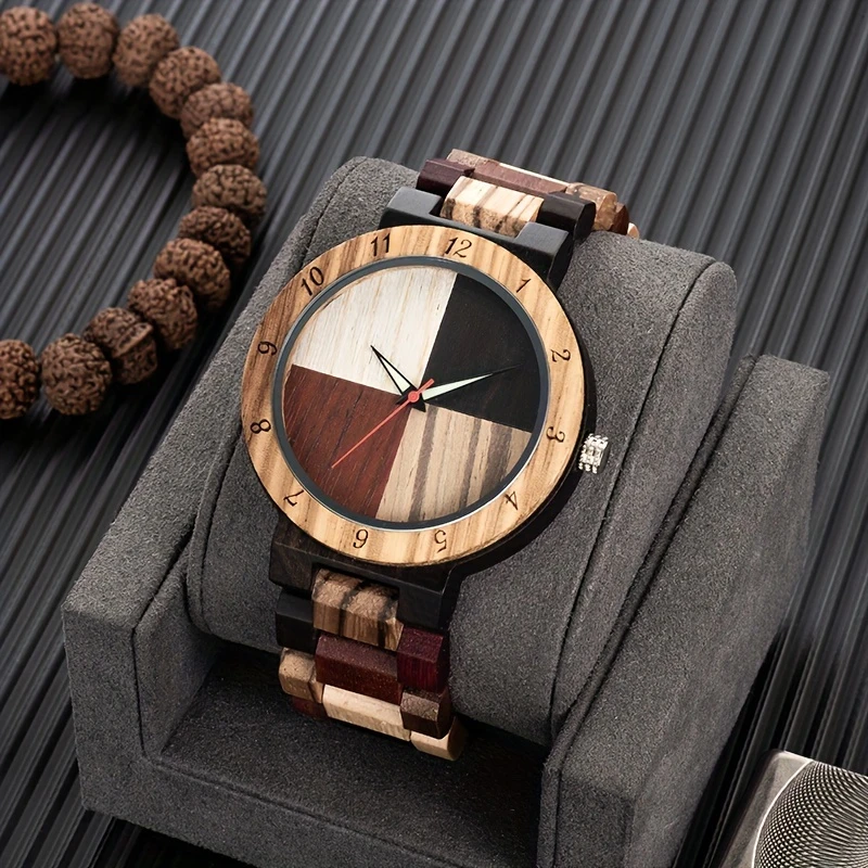 Quartz watch with full wooden panel for men in multicolor design