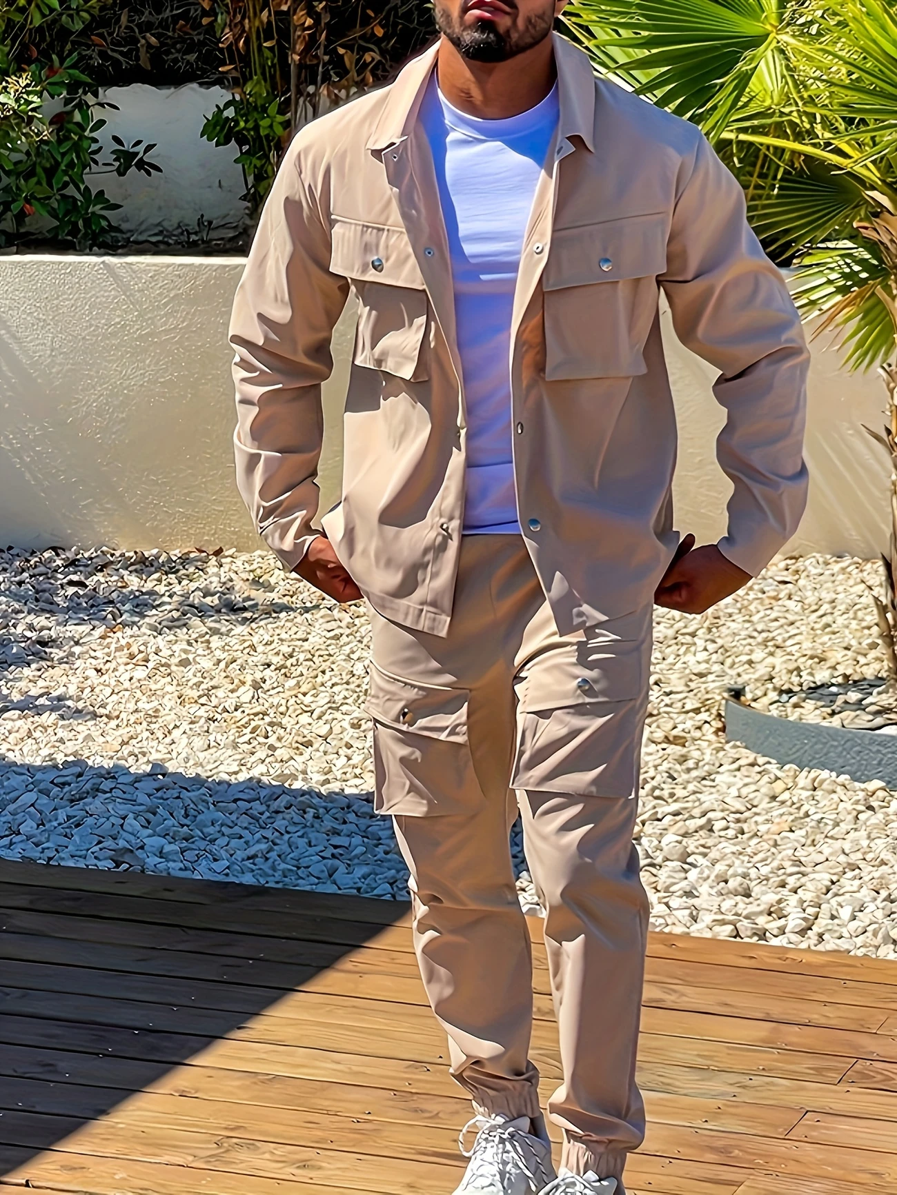 Men’s Casual Sports Set: Lightweight Green Polyester Button-Down Shirt & Pocket Pants – Machine Washable, Perfect for Hiking, Fishing, and Casual Wear