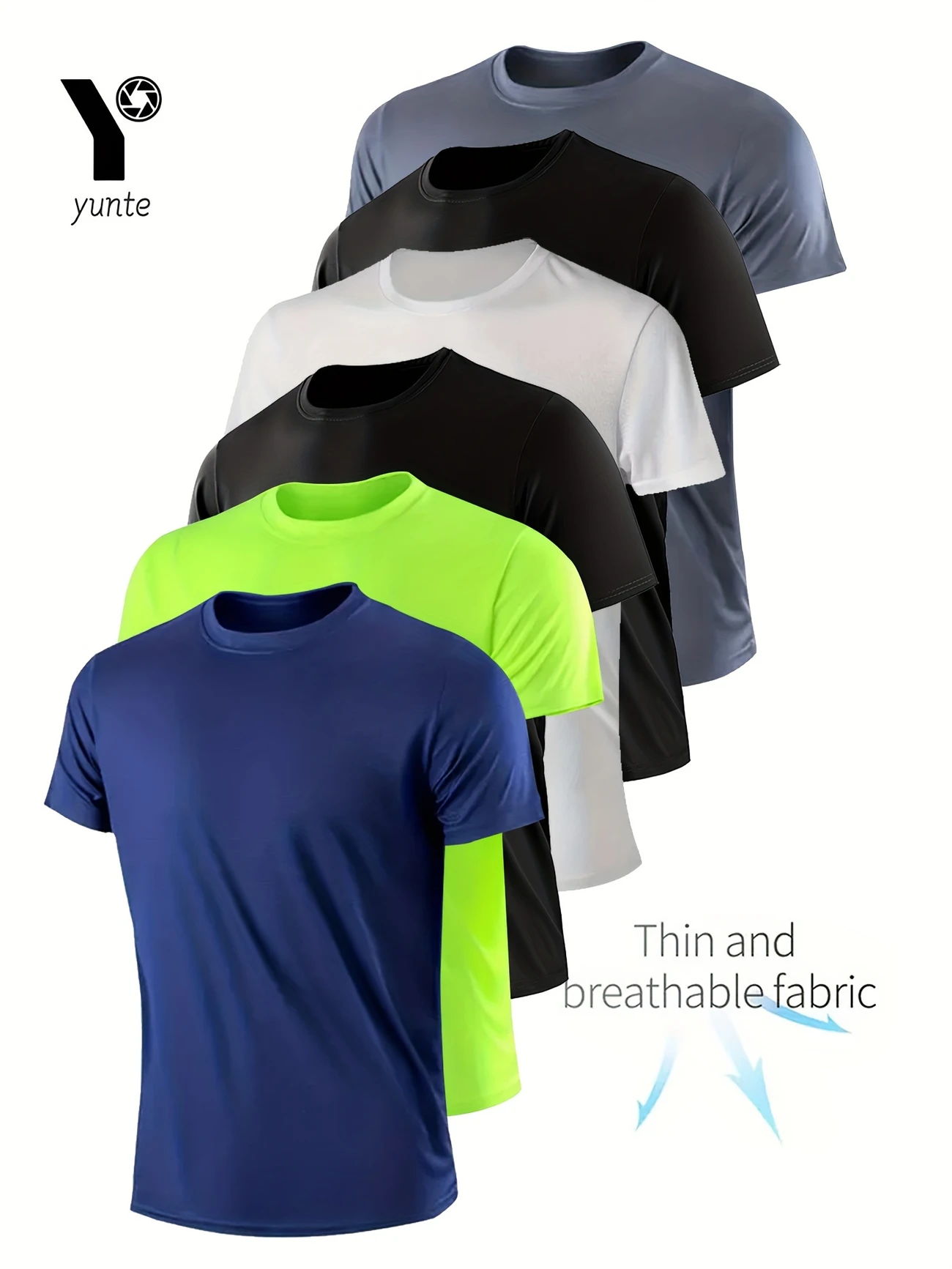 6pcs Yunte Men’s Sports T-Shirts in Mixed Colors (Navy Blue, Neon Green, Black, White, Gray) – Ultralight, Quick-Drying, Breathable Fabric for Gym, Running & Fitness, Comfortable Crew Neck Short Sleeves, Running Wear|Casual Sportswear|Lightweight T-Shirt