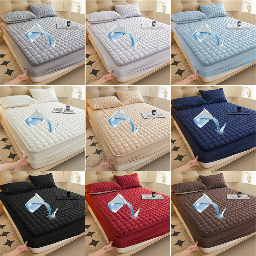 1pc Quilted Waterproof Mattress Protector (Without Pillow And Core), Soft Comfortable Solid Color Bedding Mattress Cover, for Bedroom, Guest Room, with Deep Pocket, Fitted Bed Sheet Only