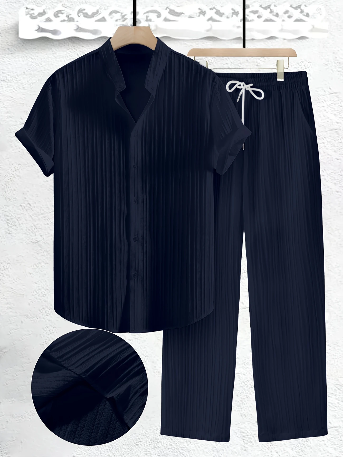 2pcs Men’s Solid Color Textured Short Sleeve Shirt + Pants Set, Casual Co-ord Set for Summer