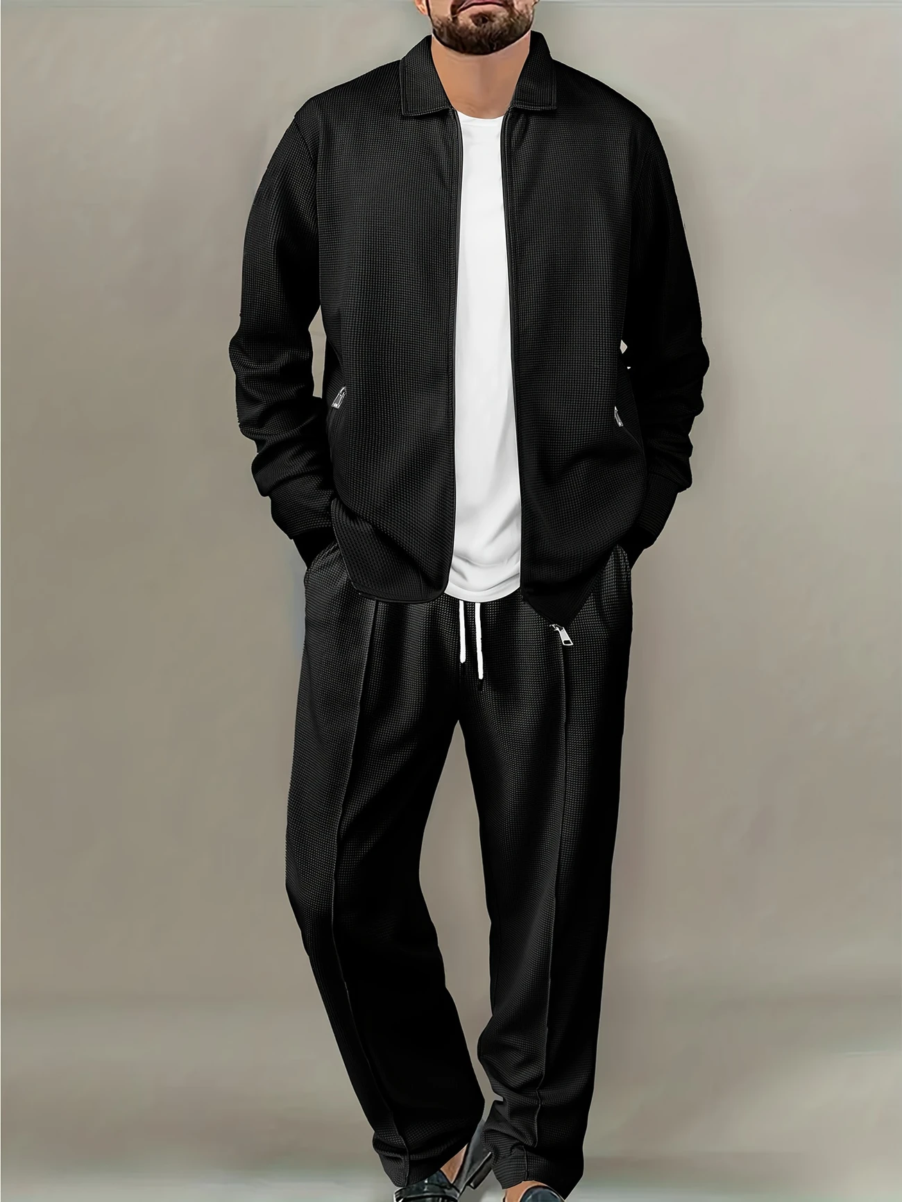 2pcs Men’s Waffle Knit Casual Outfit: Chic Solid White Long Sleeve Zip-Up Cardigan & Drawstring Pants Set – Comfortable Polyester Blend, Ideal for Daily Wear & Vacation, Spring/Fall