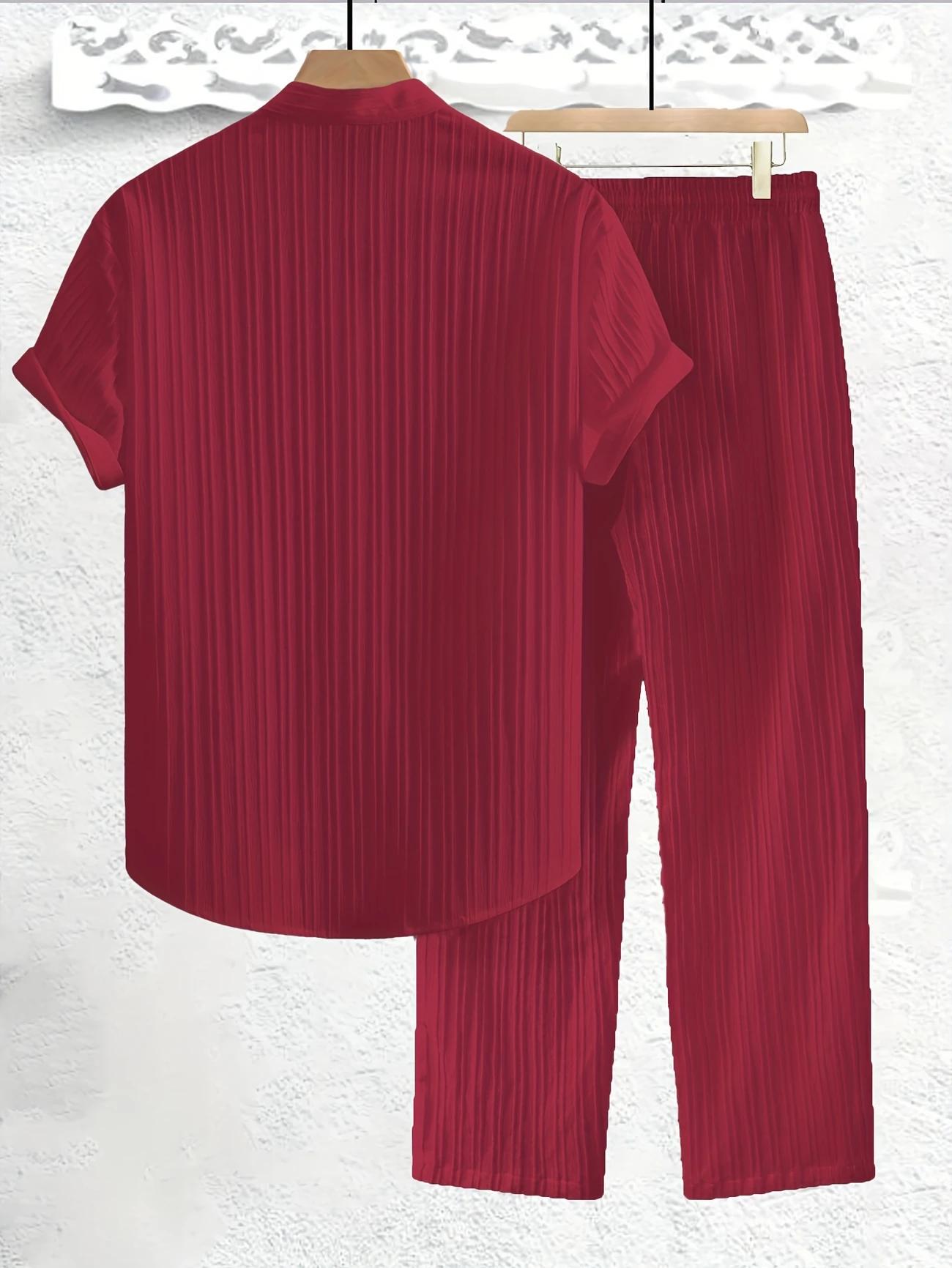 2pcs Men’s Solid Color Textured Short Sleeve Shirt + Pants Set, Casual Co-ord Set for Summer