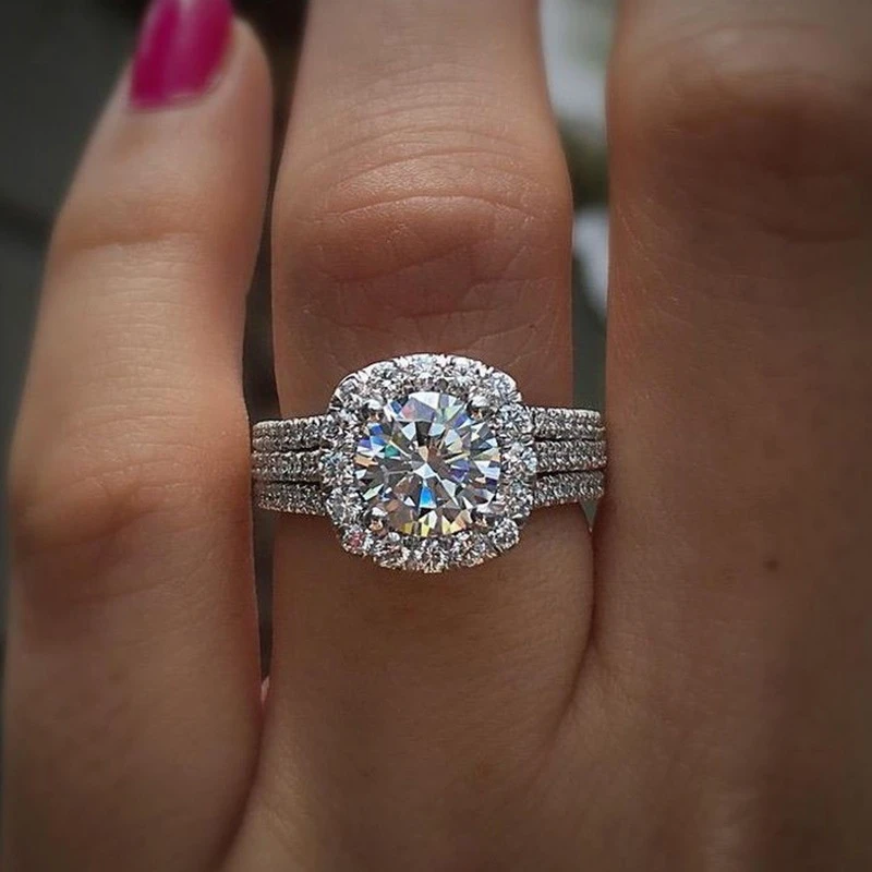READKISS 4 Prong Setting 1.5 Ct Synthetic Zirconia Single Stone Side Micro Pave 3 Row Rings, Plated White K Copper, for Women, Valentine’S Day, Wedding, Casual Party, Daily Occasion, April Birthstone, All Season