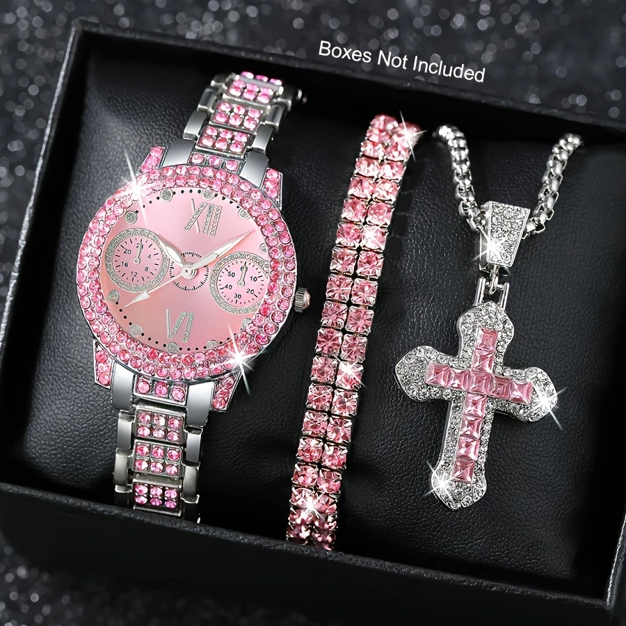 Set of 4: Women’s Fashion Quartz Watch and Jewelry Set, Pink Watch with Round Hands, Bracelet and Necklace with Rhinestones