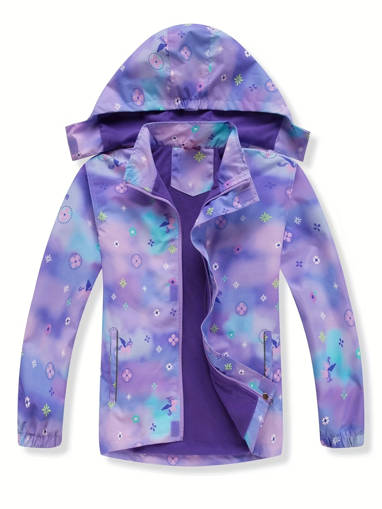 Girls Rainbow Camo Rain Jacket for Kids Coat with Removable Hood Lightweight Hooded Fleece Lined Raincoats Windbreakers