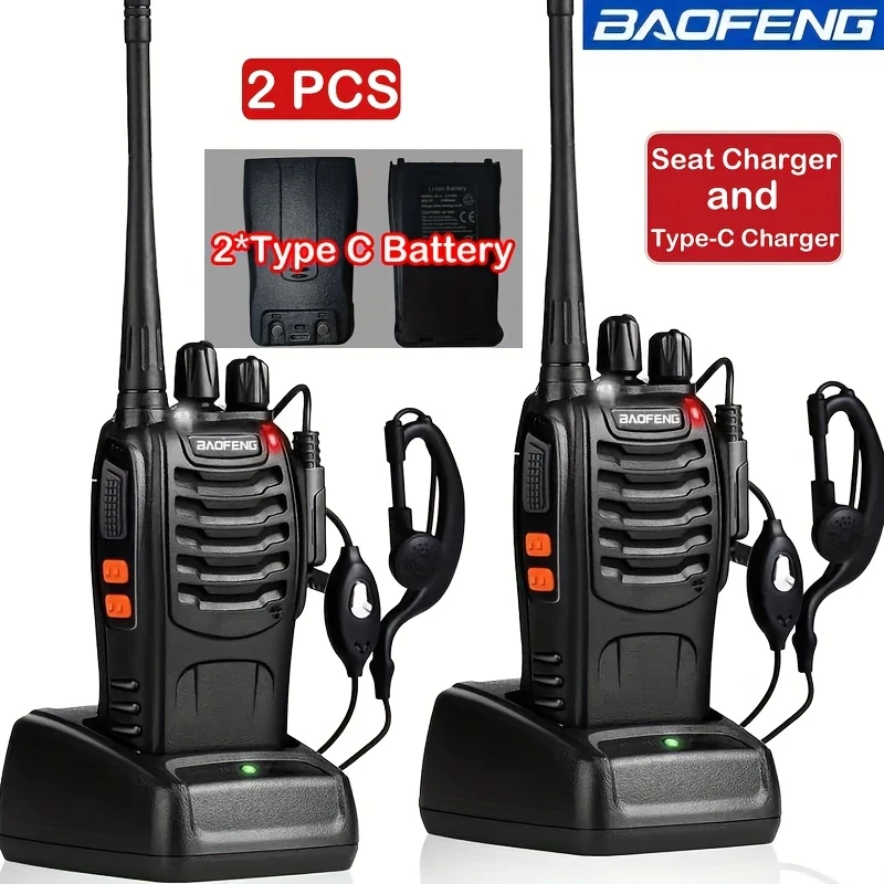 Two sets of BF888S walkie-talkies from BAOFENG with Type-C charging ports, equipped with two earphones, a flashlight and a stand, long-lasting adult portable handheld walkie-talkie with a communication range of 1-3 miles, loud and clear speakers, and 16 channels.