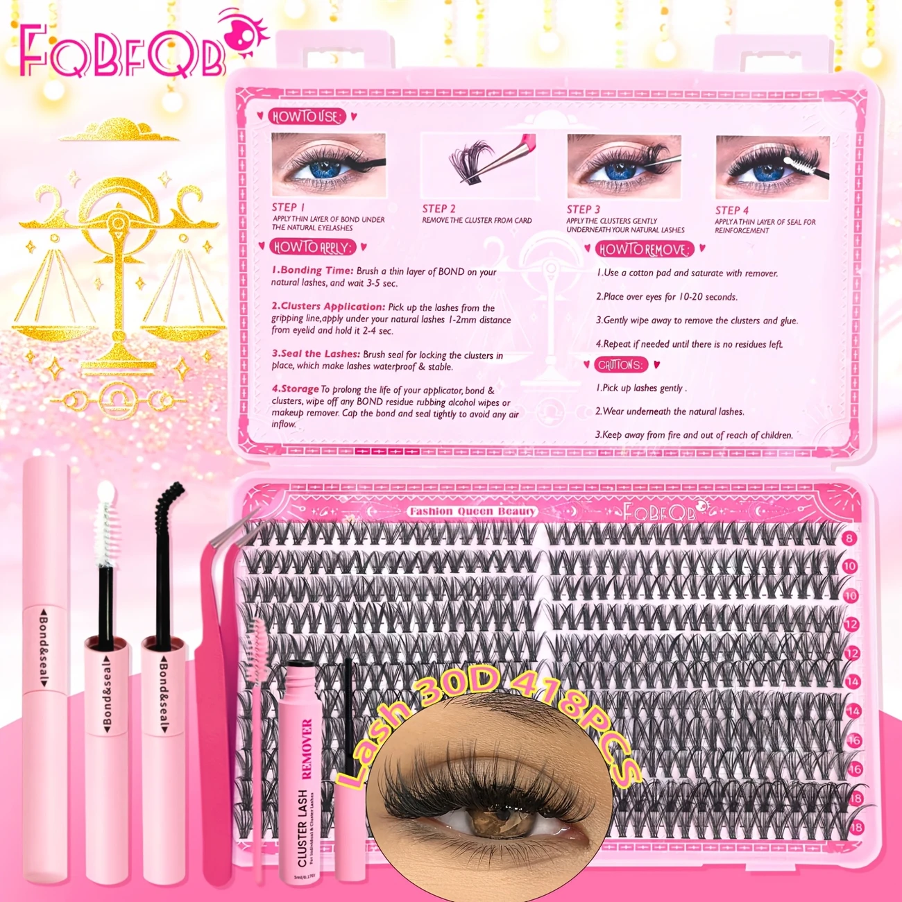 TFQBFQB DIY Eyelash Extension Kit 3040D, 418pcs/836pcs, Natural Style, Mixed Lengths 8-18mm, D-Curve with Glue, Tweezers, Brush and Application Tools, Suitable for Beginners