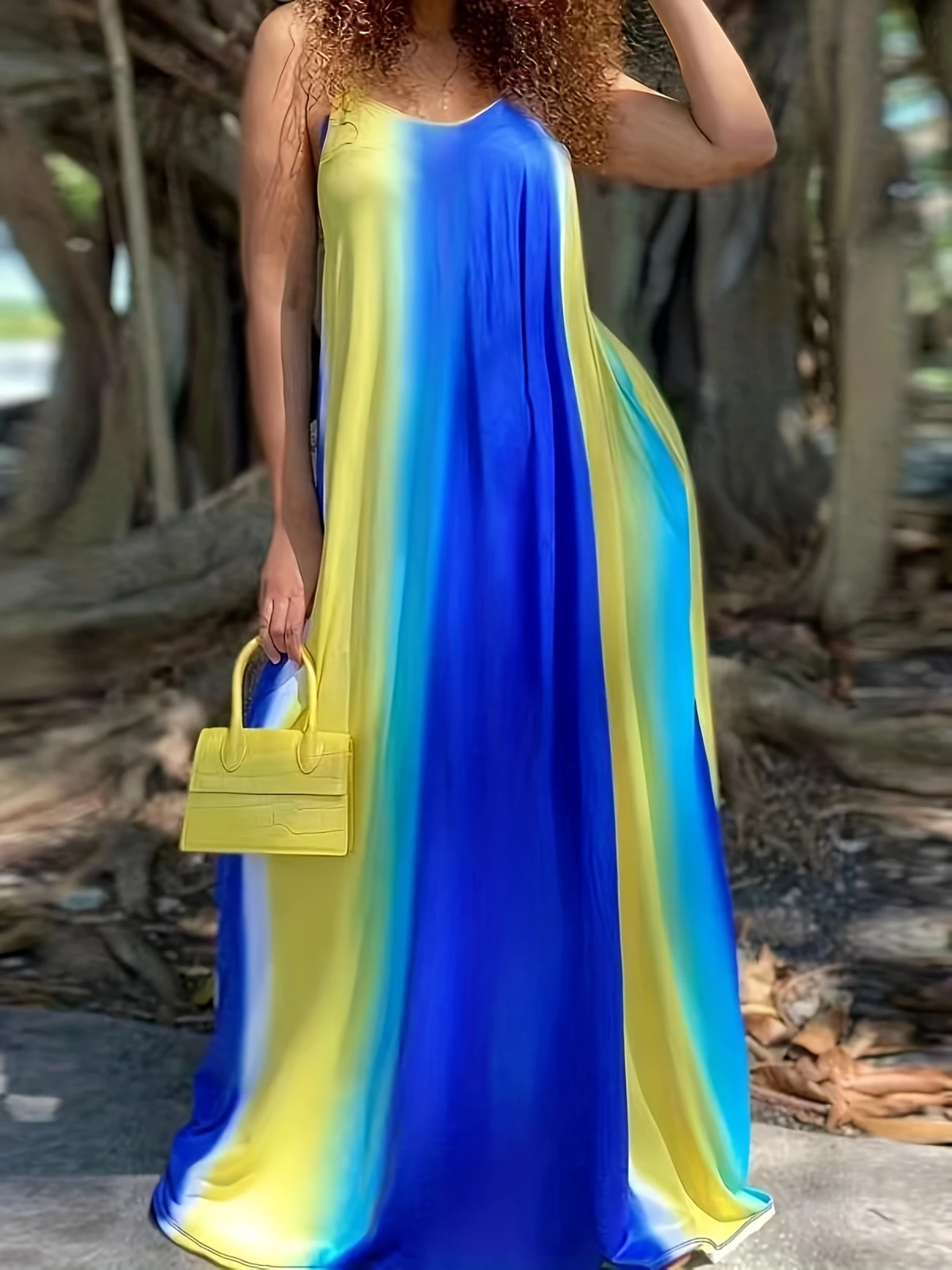 Plus Size Loose Fit V Neck Batik Maxi Dress, Women’s Plus Size Dress with Light Stretch and Elegant Long Cut