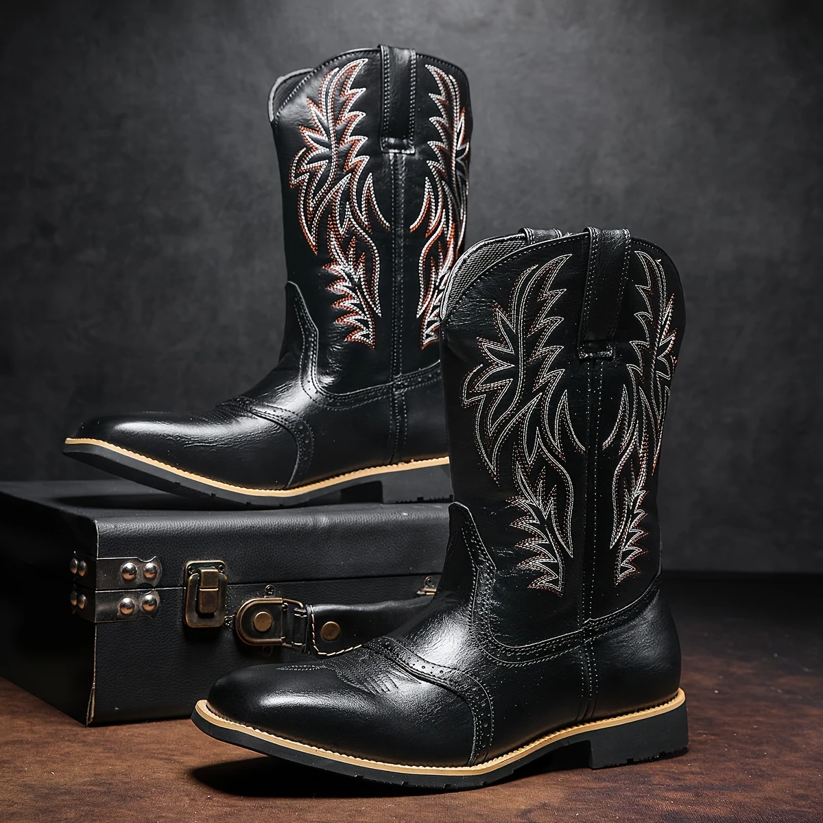 Men’s Embroidered Western Cowboy Boots, Solid Color, Slip-On, Square Toe, Faux Leather Upper, Rubber Sole, Fabric Inner, Comfortable Lightweight Shoes for Fall/Winter Size 39-48