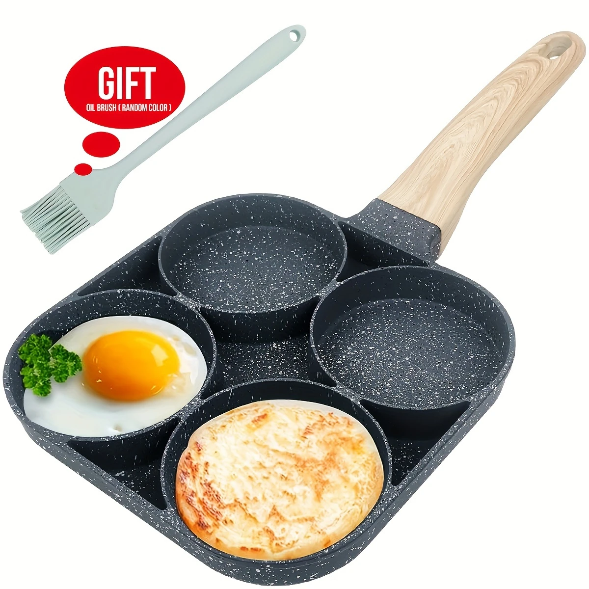 1pc Non-Stick Egg Pan with Wooden Handle, 4-Cavity Breakfast Cooking Skillet, Perfect for Eggs, Burgers, Compatible with Gas Stoves, Dishwasher Safe, Aluminum Material, 14.2 oz