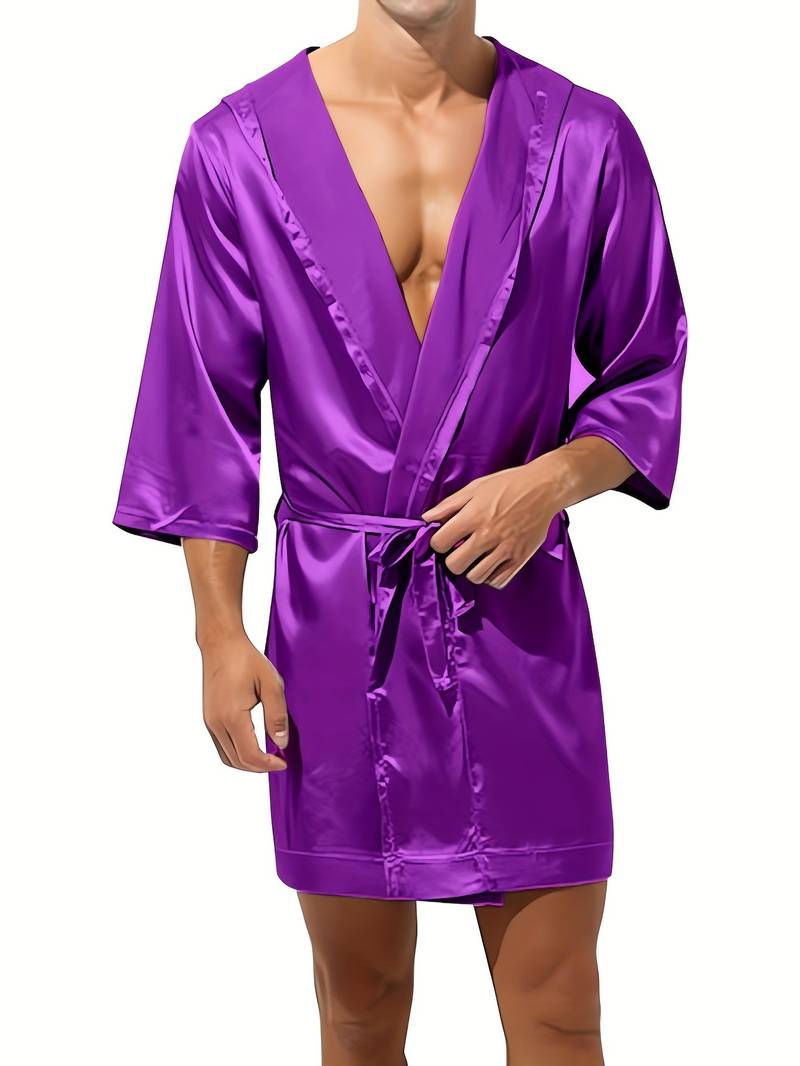 Men’s Ice Sliky Fiber Fabric Two-Piece Hooded Robe Basic Long Robe + Shorts, Summer Loungewear