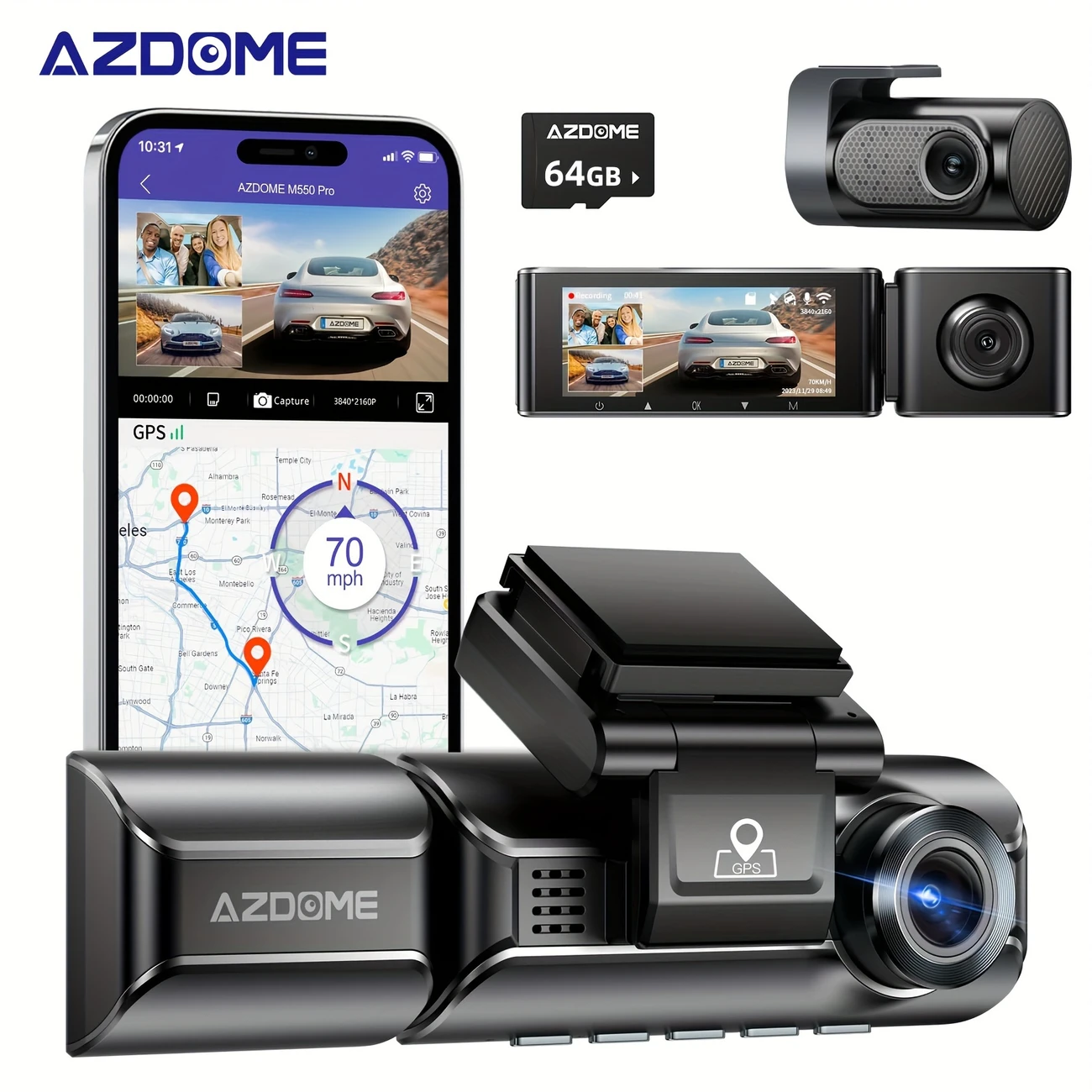 AZDOME M550 Pro 4K 3 Channel Dash Cam, Medium Lens with Type-C Interface, Built-in 5GHz WiFi and GPS, Rearview Mirror Flip Function, Free 64GB Card, Night Vision, Parking Monitor, AZDOME