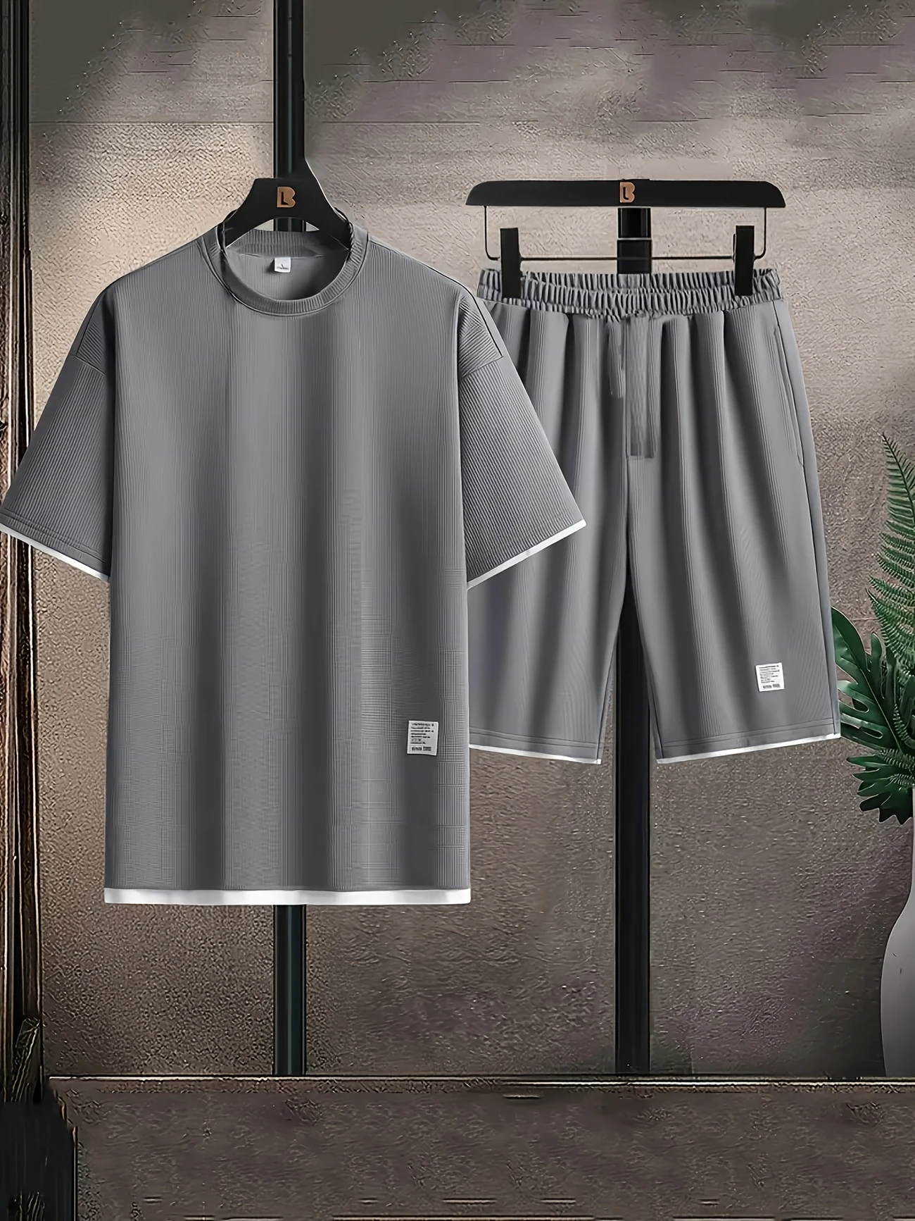 Men’S Casual Waffle Knit Pajama Set – Gray and Black Short Sleeve Sleepwear with Elastic Waist Shorts, Applique Detailing, Soft Polyester Fabric for Comfortable Loungewear