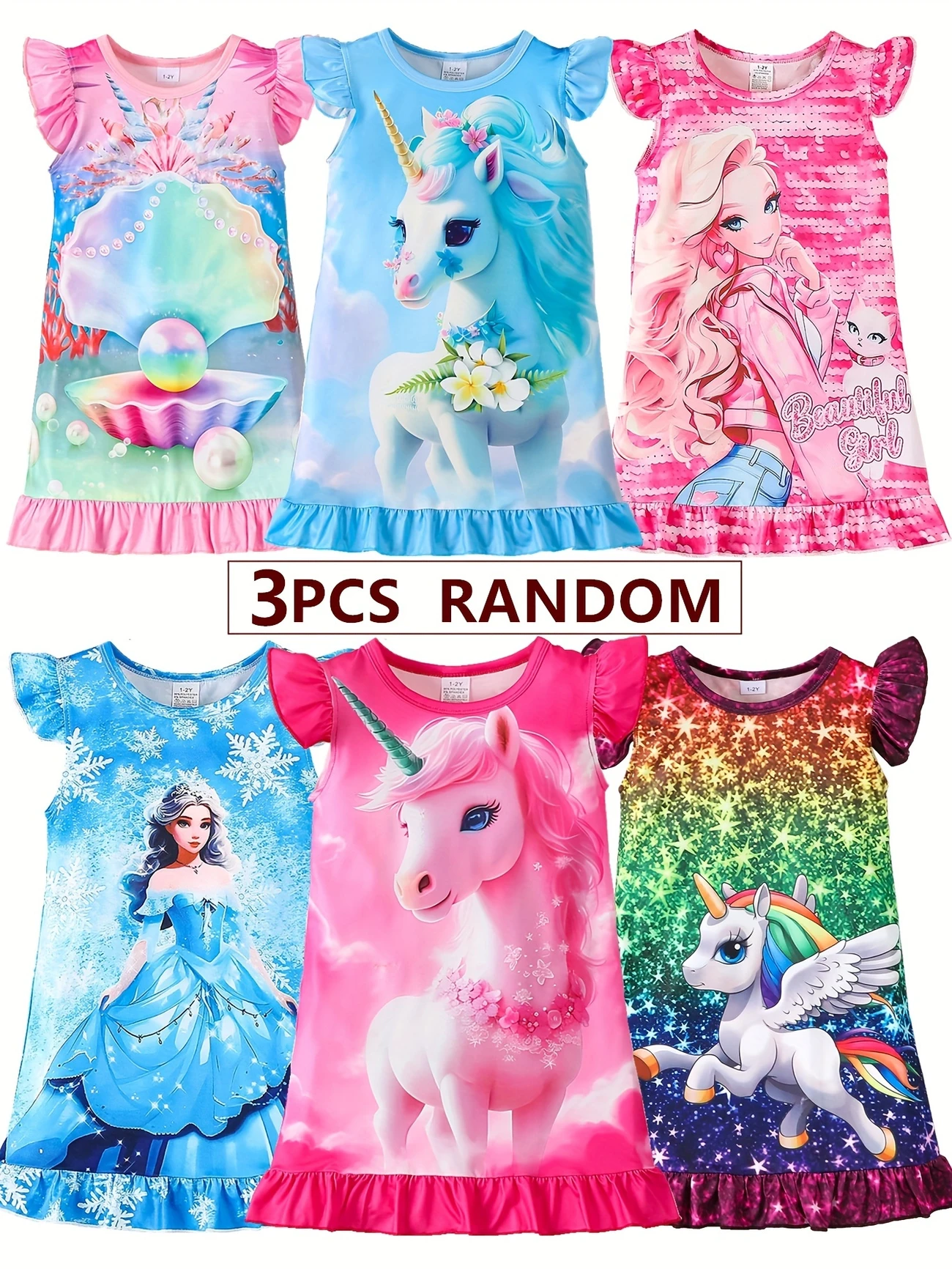 3 pcs Cute Nightgowns for Girls with Princesses and Unicorns – Comfortable, with Sequin Sleeves and Ruffles, Fire Resistant Polyester Blend