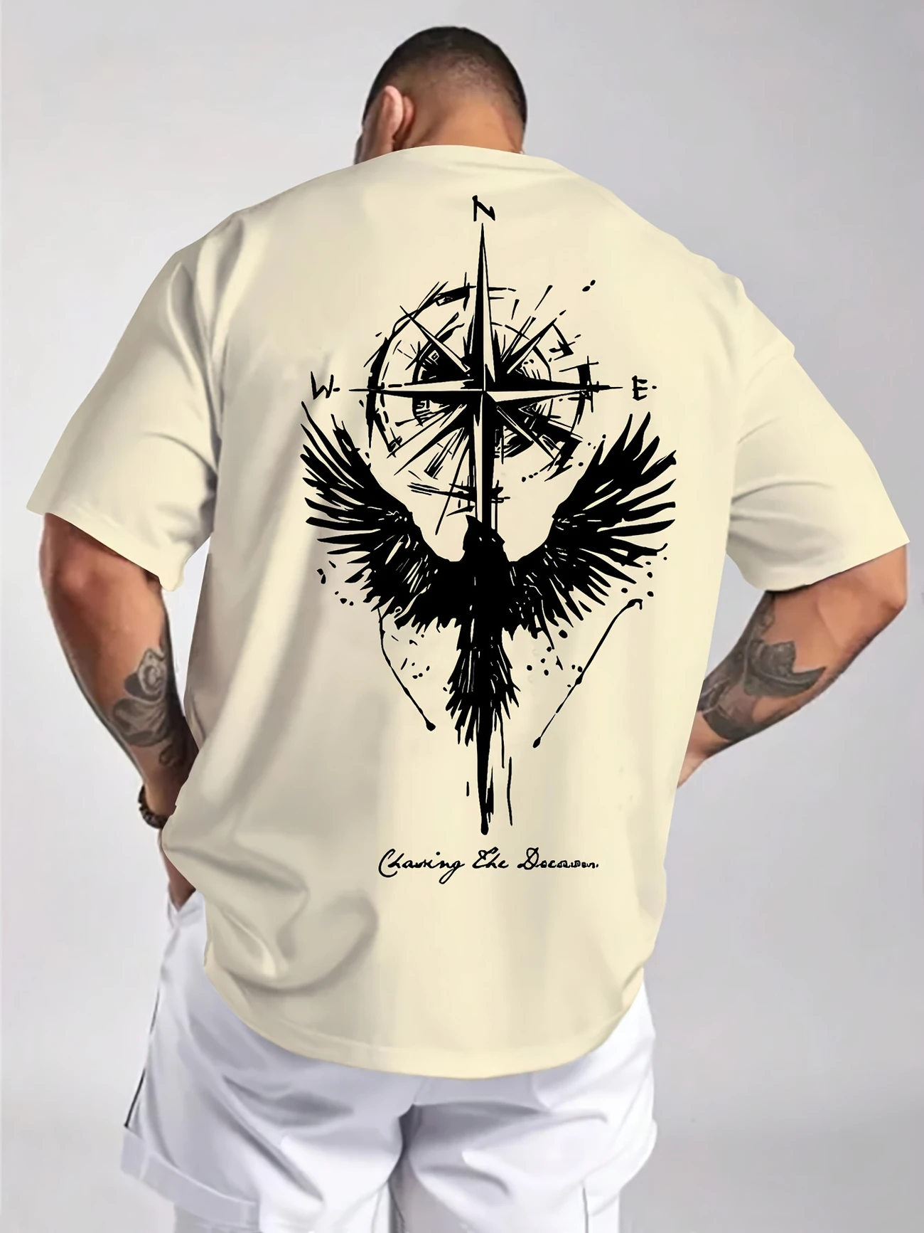 Men’S Casual Crew Neck T-Shirt, Summer Short Sleeve Print Polyester Knit Fabric with Slight Stretch, Regular Fit Eagle & Compass Design – 95% Polyester, 5% Spandex