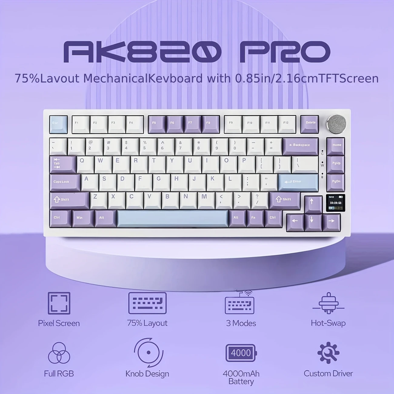 AJAZZ AK820PRO 75% Mechanical Keyboard with TFT Display, 3 Modes, RGB LED, Ergonomic Design, Knob Control for Gaming, Windows/Mac, Hot-Swappable, Wireless/2.4G/Wired, 4000mAh Rechargeable Battery, Type-C Charging, USB, ≤36V – Gaming Gift Switch
