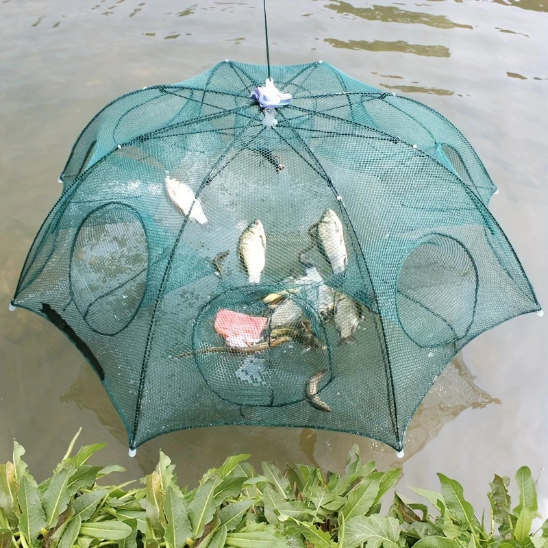 1pc Foldable Hexagonal Fishing Net, Portable, Collapsible, Durable, Polyester Fiber, Mixed Color, with 4/6/8 Holes, for Catching Minnow, Crayfish, Crabs, Freshwater and Saltwater Fishing