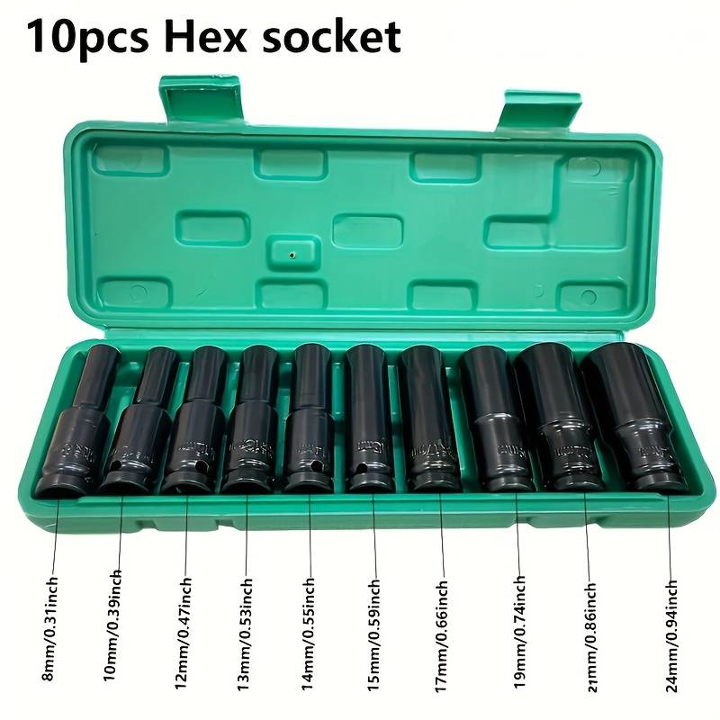 10pcs 1/2in 8-24 Mm Deep Drive Electric SleeveTool Impact Wrench Adapter Hand Tool Socket Set