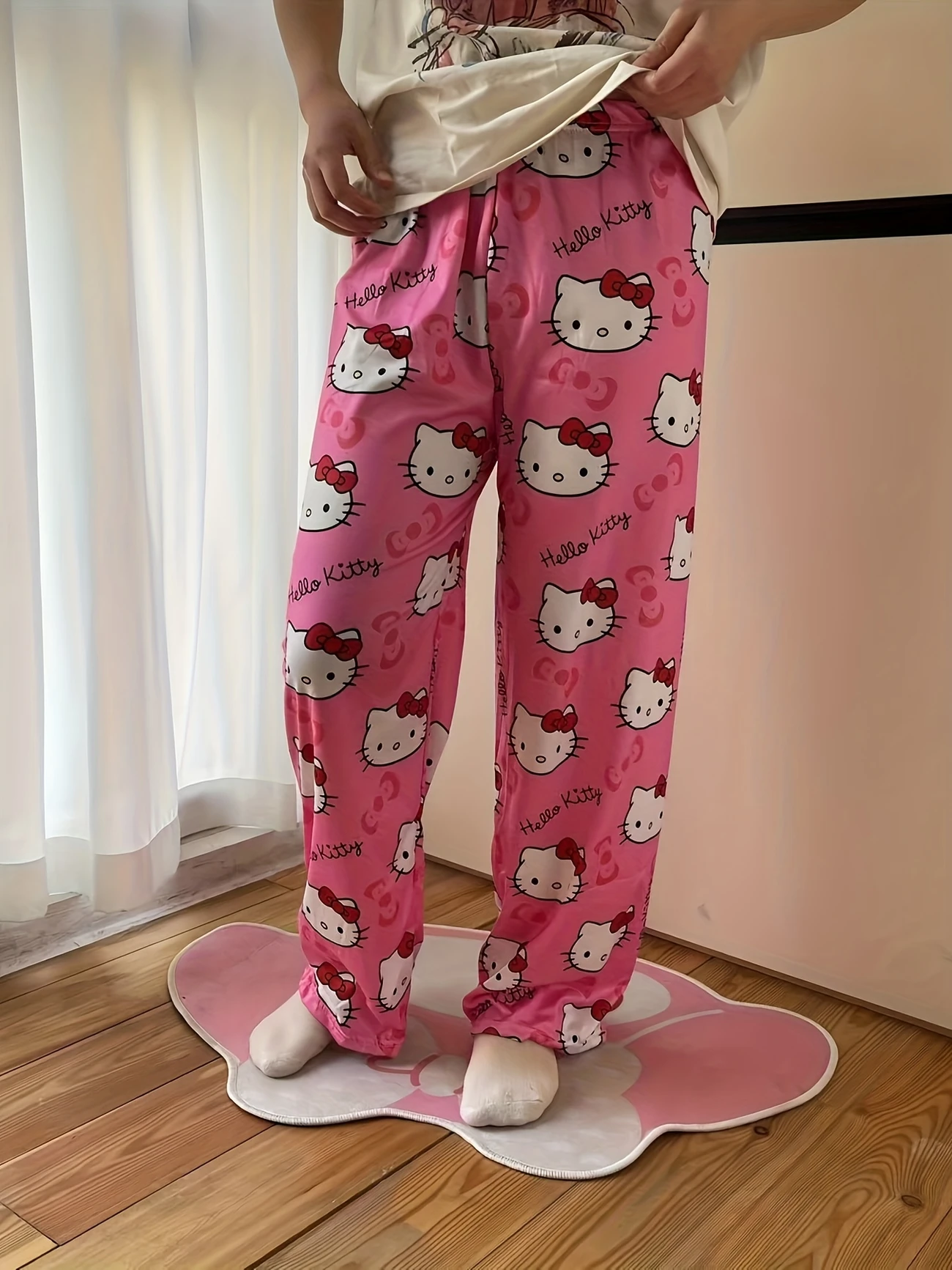 Home Relax for Women Hello Kitty Pants – Polyester Casual Pants for Women, Black, Pink and Rose Red, Suitable for Comfortable Wearing in All Seasons with Slim Design and Elegant Anime Patterns., Comfortable Leisure Wear|Playful Women’s Clothing|Polyester Sleep Pants, Hello Kitty Pajama Pants