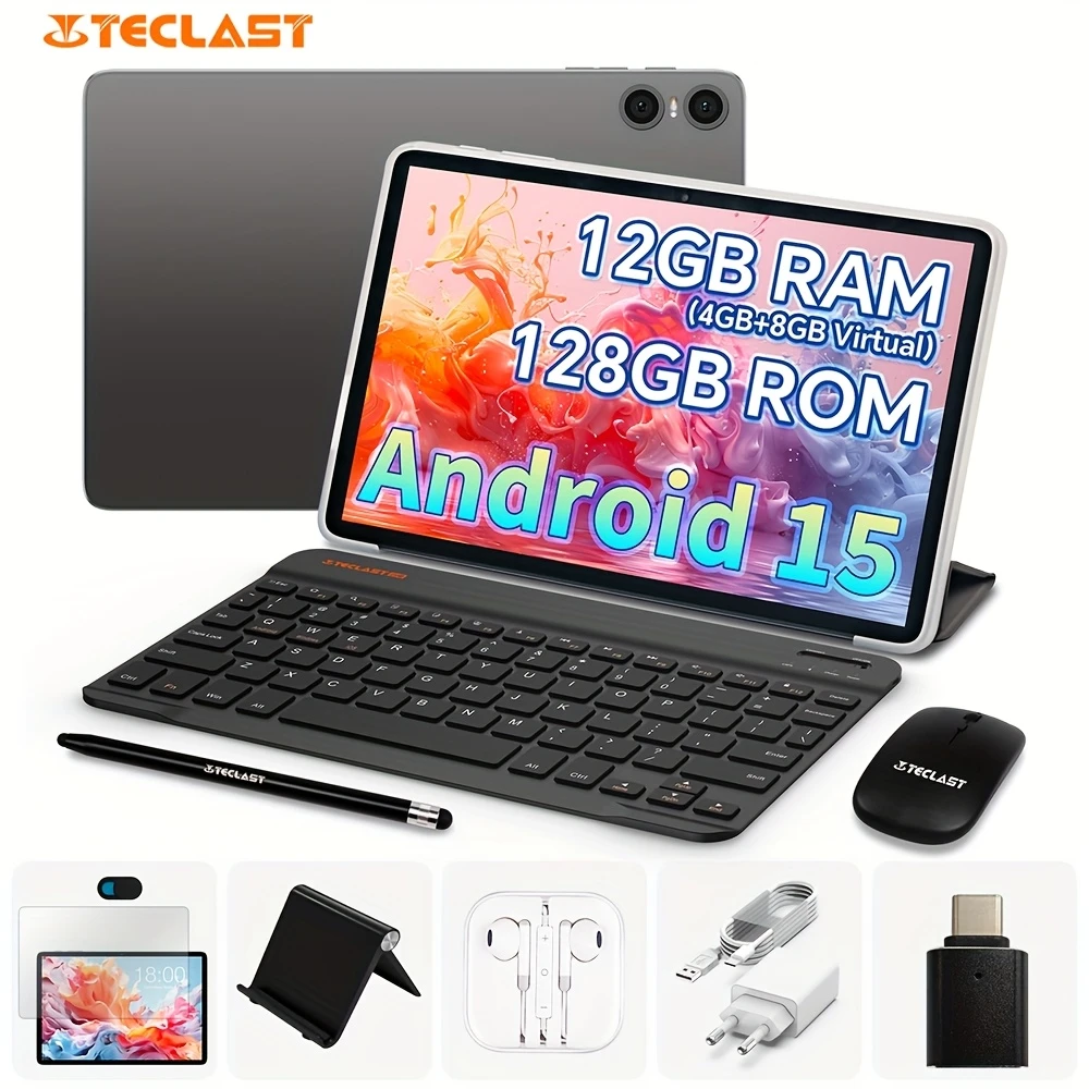 Teclast P30T Tablet New Android 15, 10.1-inch IPS Display Pad, 12GB RAM(4+8) 128GB ROM with With support 1TB TF Card Extension, Unisoc T606 CPU, 6000mAh Battery WiFi6, Keyboard, Teclast Case, Charging KIT, Tablet film, Headphones, Stylus, Holder, Adapter