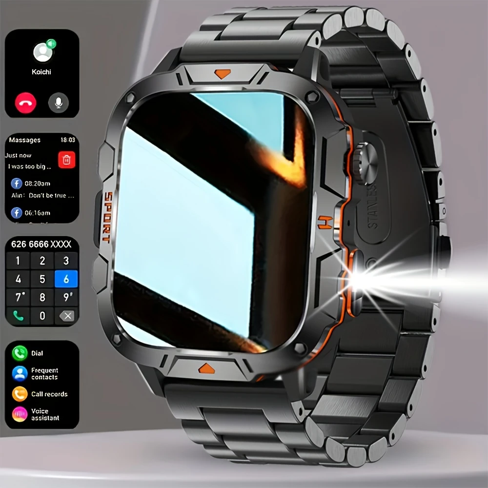 LONZERUI2024 New men’s smart watch with a large 420mAh battery, 1.96-inch Ultra HD screen, wireless call, flashlight function, waterproof, suitable for outdoor use under Android and Ios.