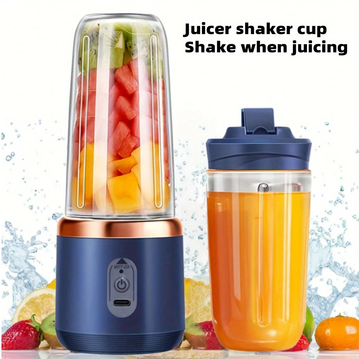 400ml Portable Electric Juice Blender, Cordless Rechargeable Mini Juice Mixer with 6-Blade Double Cup for Smoothies, Vegetables and Fruits, Button Control, USB-C Charging, Food Grade ABS, No Heating, 1500mAh Lithium Battery