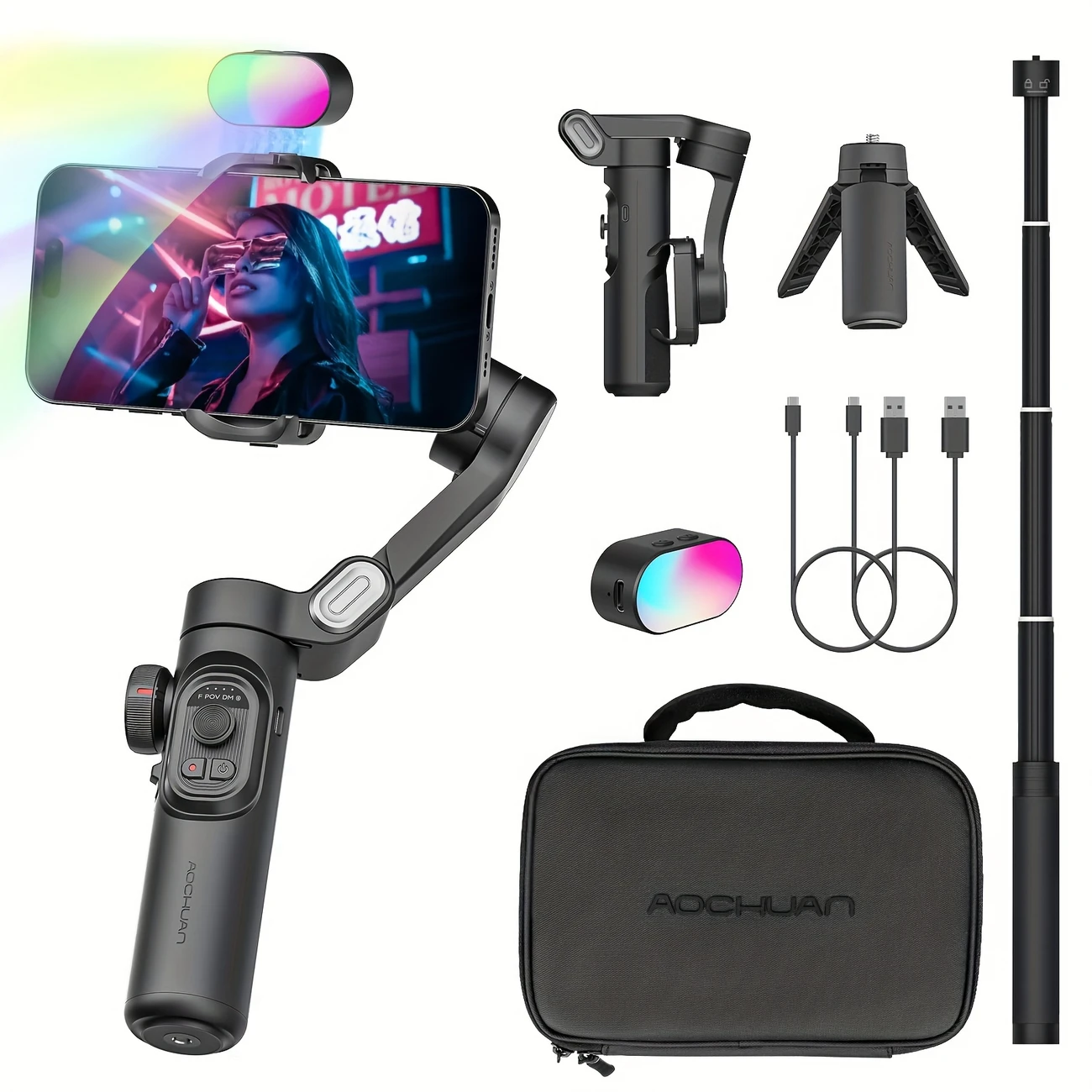 AOCHUAN Smart XE Combo1: 3-Axis Phone Gimbal & Video Stabilizer Kit with RGB Fill Light, 73cm Extension Rod, Mini Tripod, USB-C Cable & Carrying Case – Ideal for TikTok, YouTube & for Android Phones