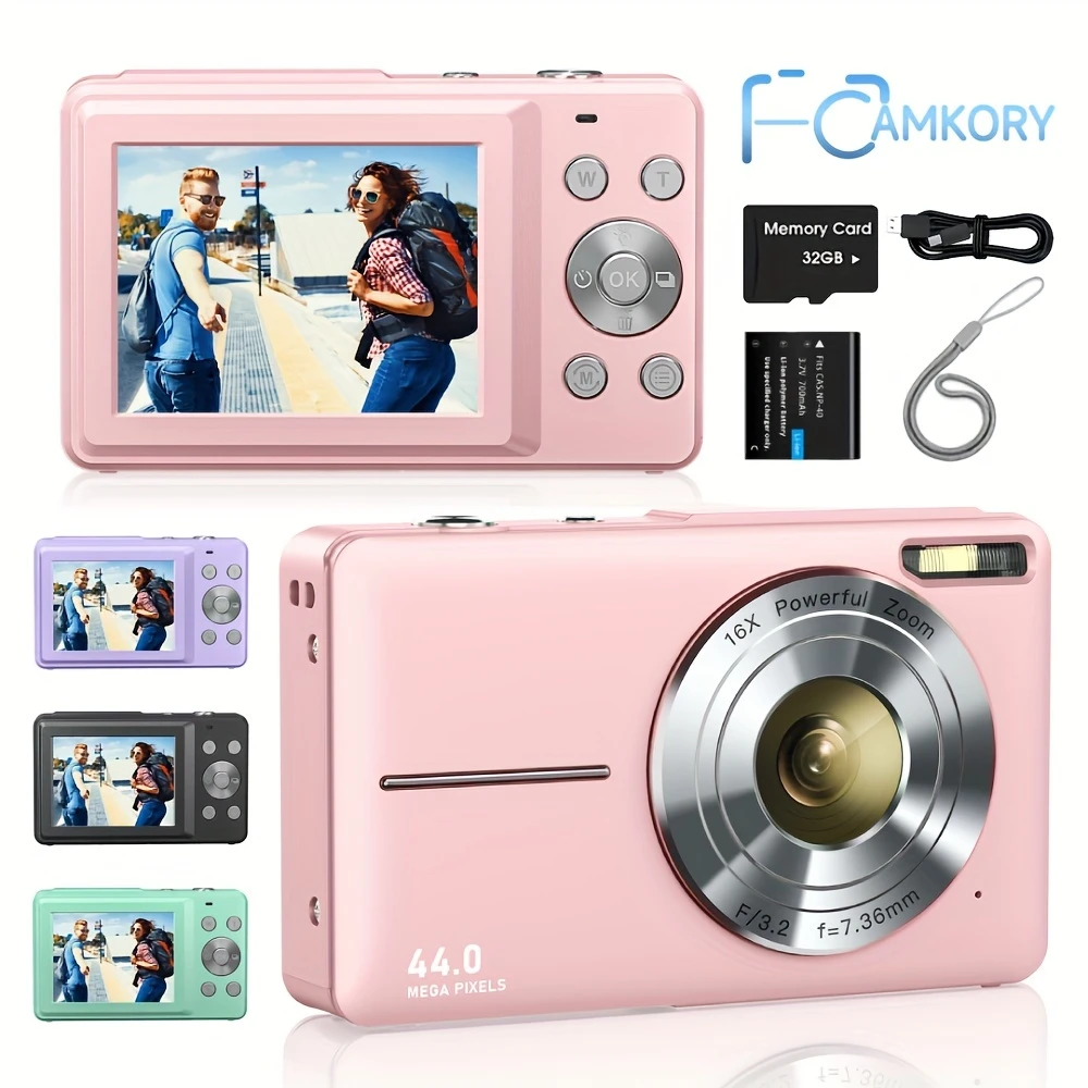 CAMKORY Digital Camera, FHD 1080P Camera with 32GB Card, Battery, Lanyard, Storage Bag, 16X Zoom Anti Shake, 44MP Compact Portable Small Point Shoot Camera Gift for Beginners (Pink, Black, Purple, Green)