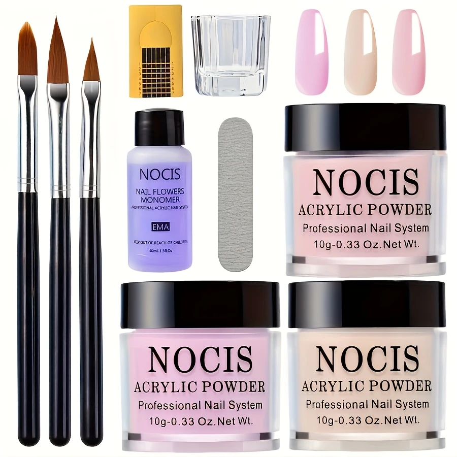 NOCIS Nail Kit – Professional Salon Quality Kit with Liquid Monomer, 3 Powders & Brushes for Extensions, Cuts & French Manicures – Odorless, Perfect for Home Beauty